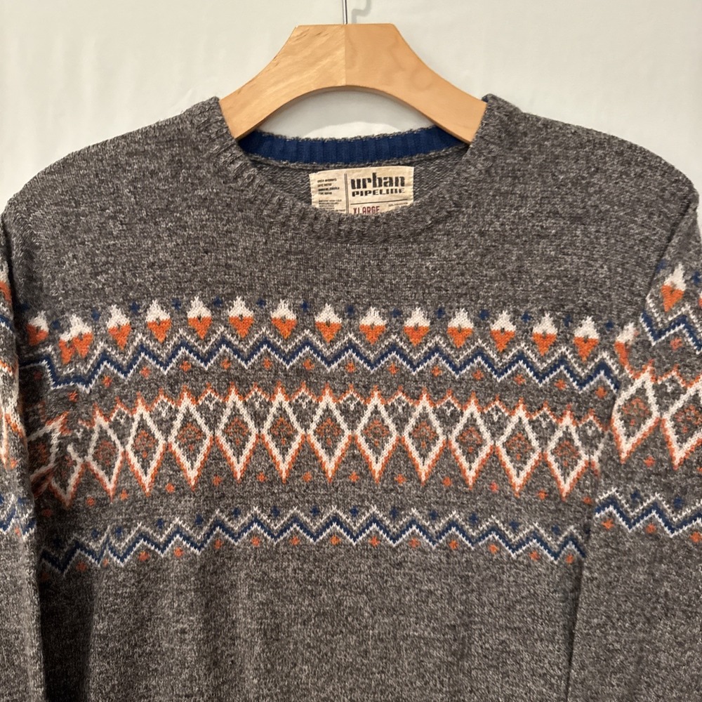 Urban Pipeline Vintage Y2K Fair Isle Pattern Crewneck Sweater Gray/Orange XL